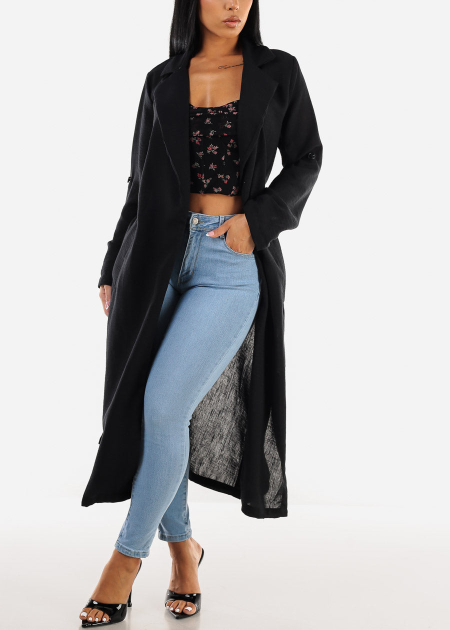 Long Sleeve Black Trench Coat w Pockets