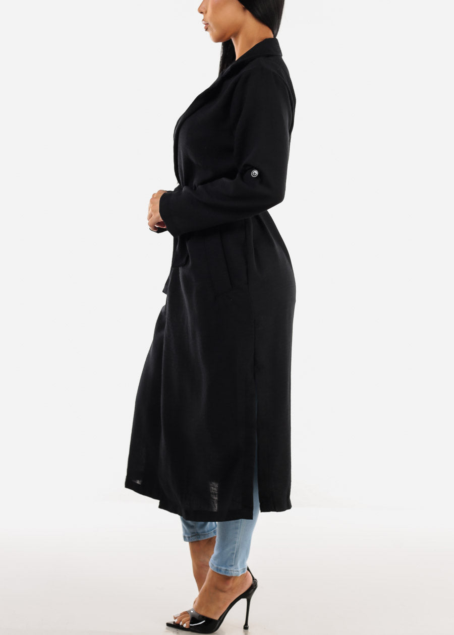 Long Sleeve Black Trench Coat w Pockets