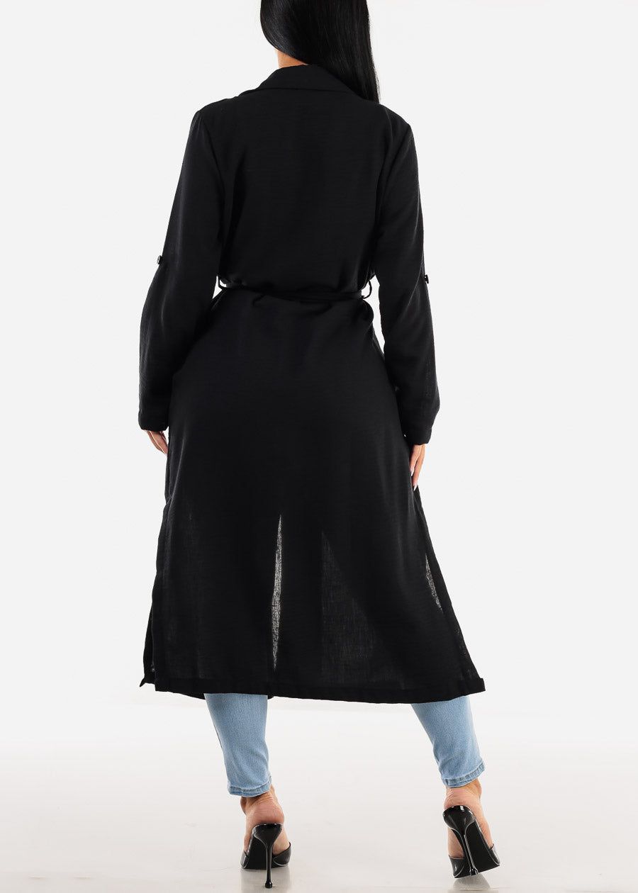 Long Sleeve Black Trench Coat w Pockets