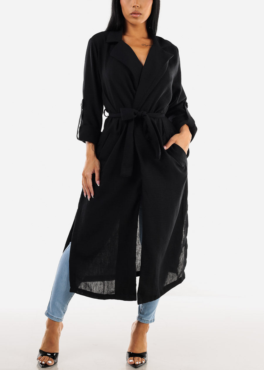 Long Sleeve Black Trench Coat w Pockets