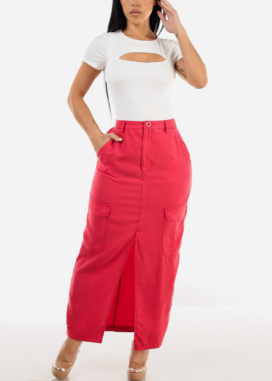 High Waisted Front Slit Cargo Midi Skirt Red