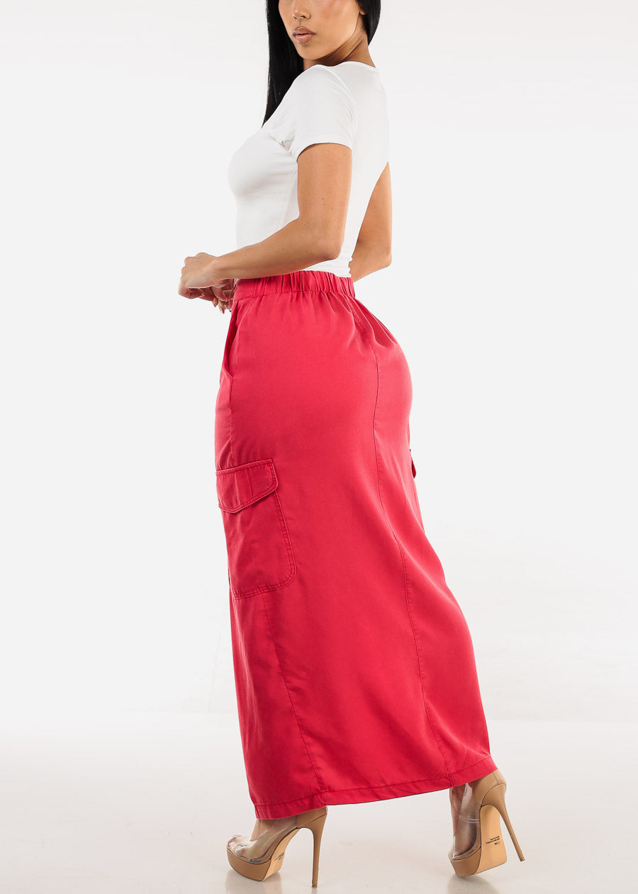 High Waisted Front Slit Cargo Midi Skirt Red