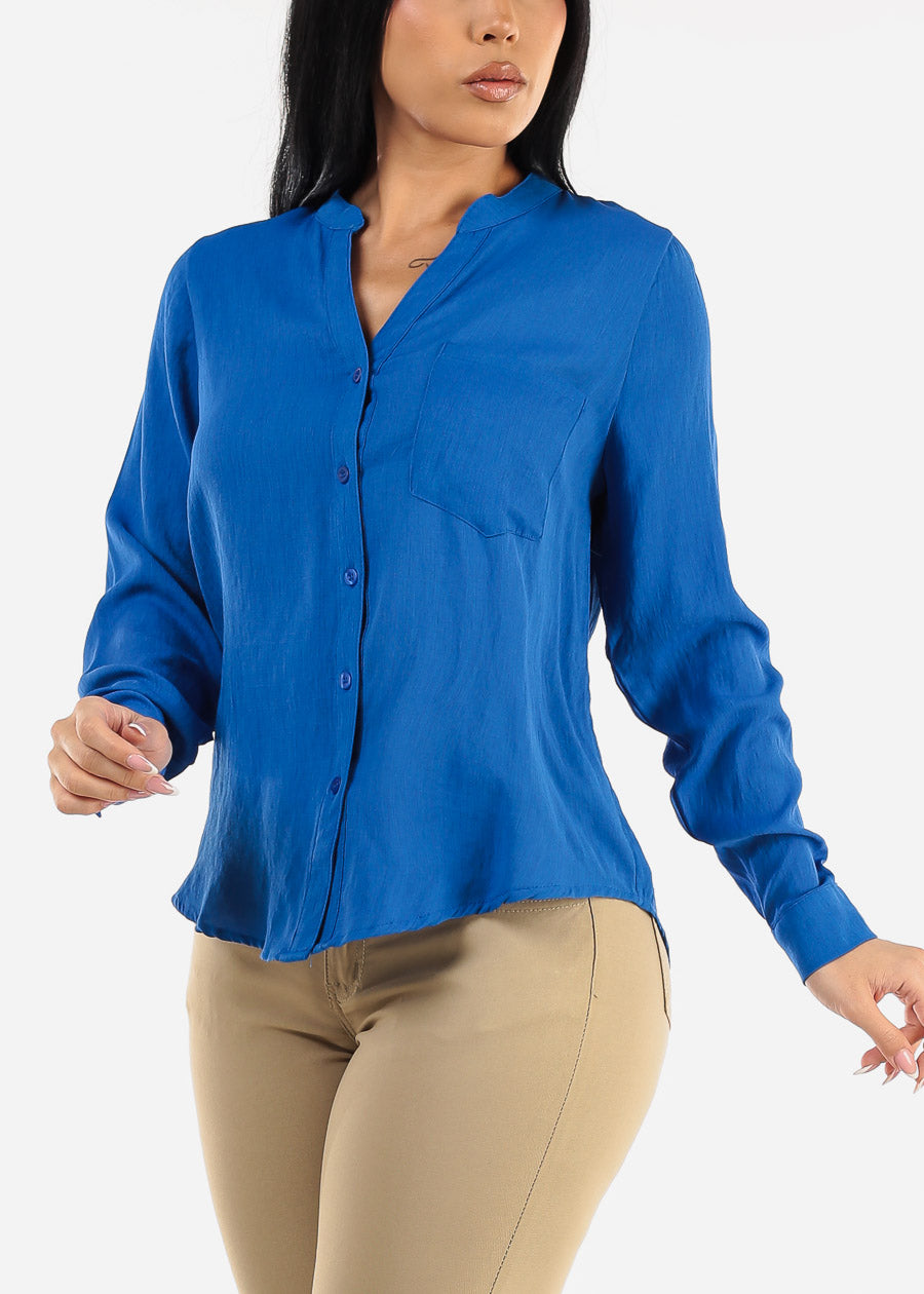 Vneck Long Sleeve Button Down Shirt Royal Blue