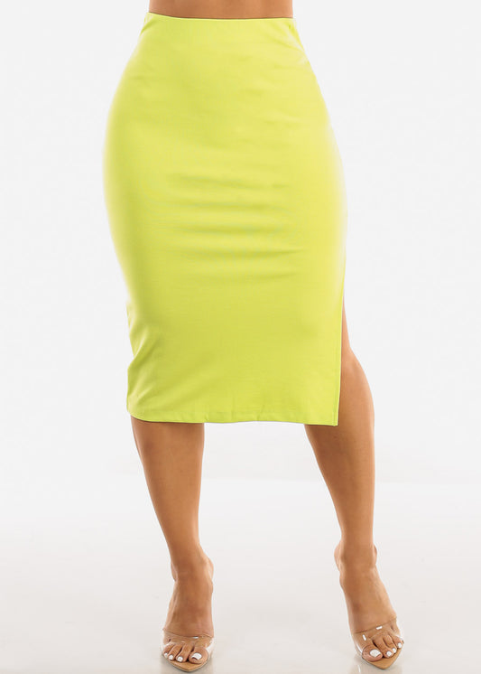 High Waist Side Slit Pencil Skirt Lime