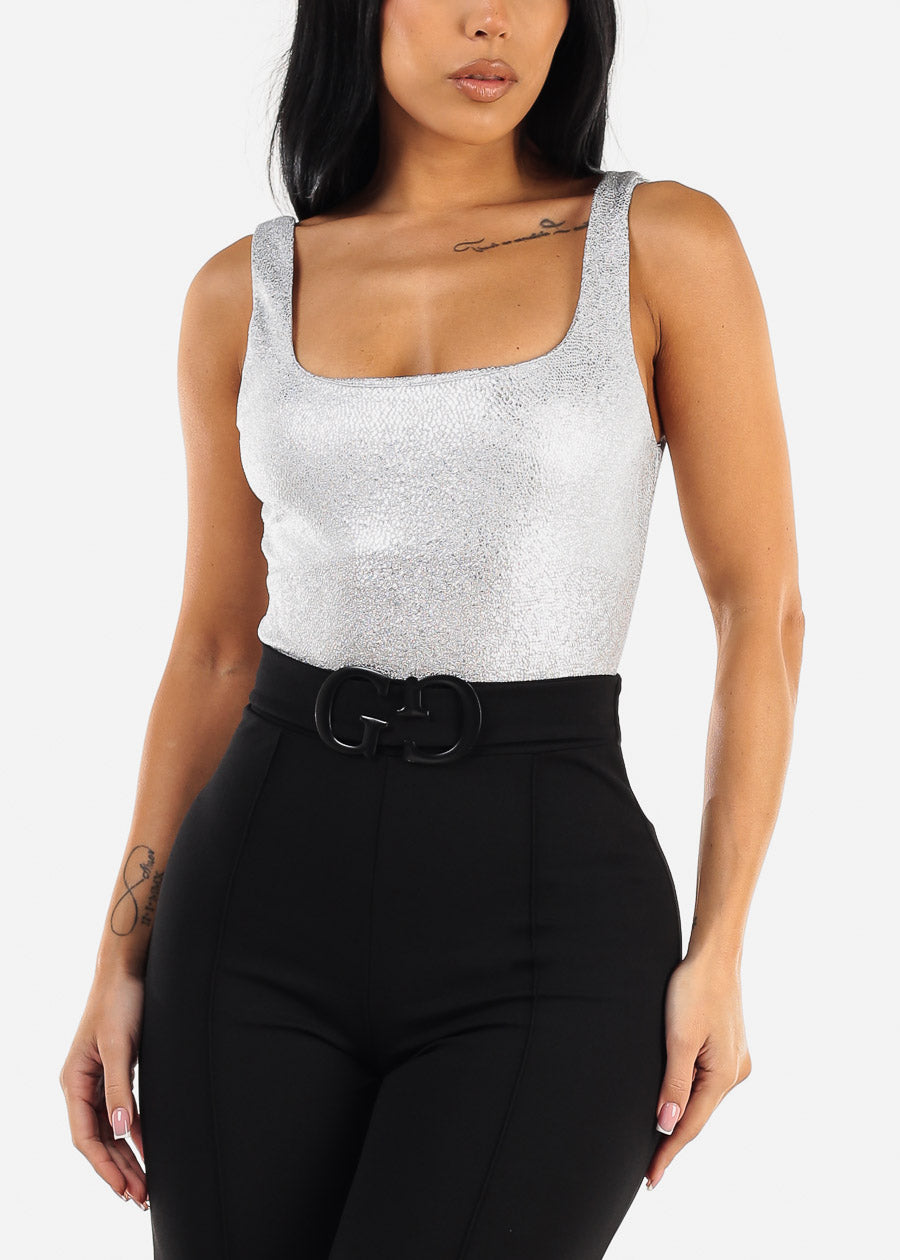 Sleeveless Square Neck Metallic Bodysuit Silver