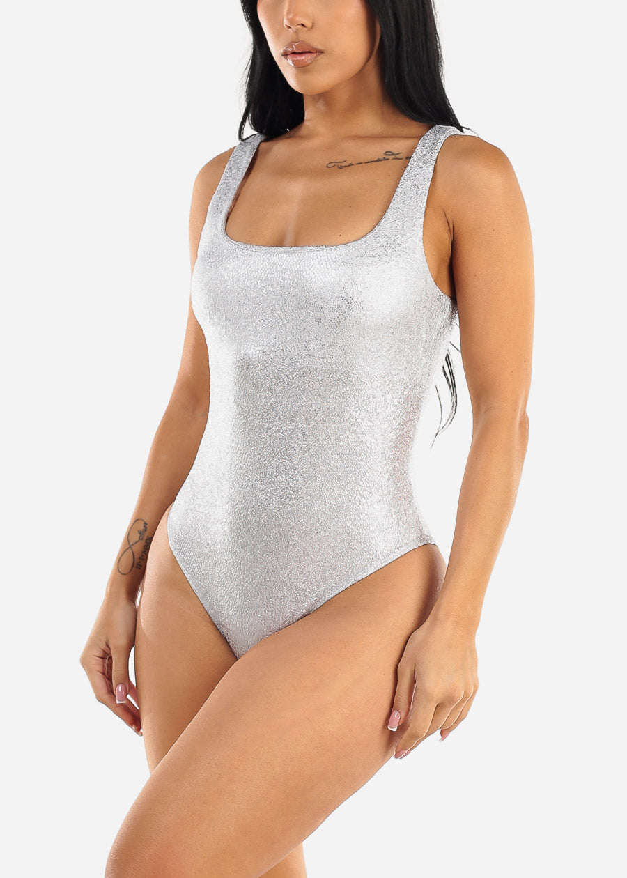 Sleeveless Square Neck Metallic Bodysuit Silver