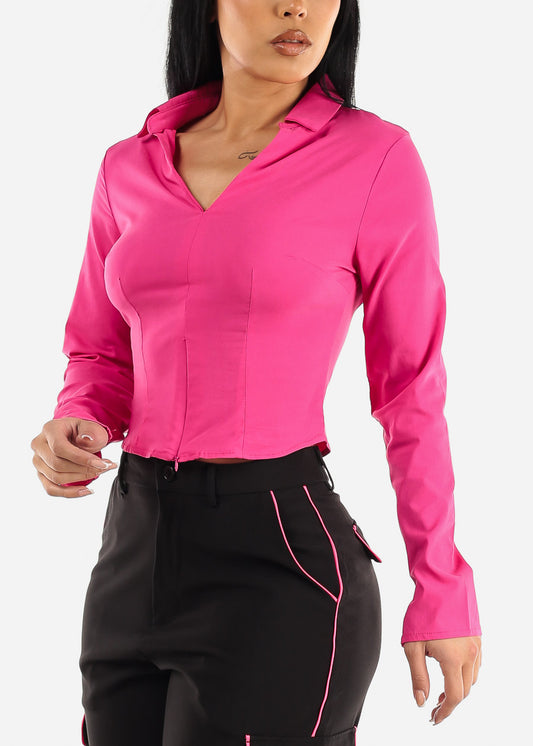 Long Sleeve Stretch Collared Top Fuchsia