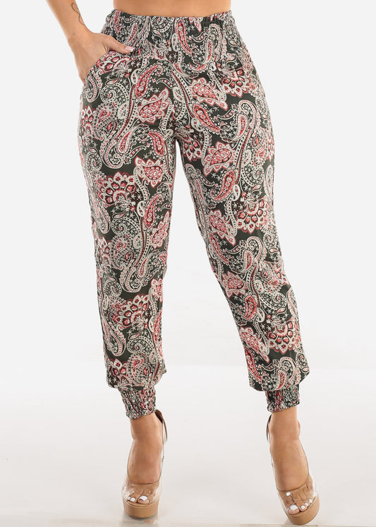 Smocked Waist Paisley Print Jogger Pants Olive