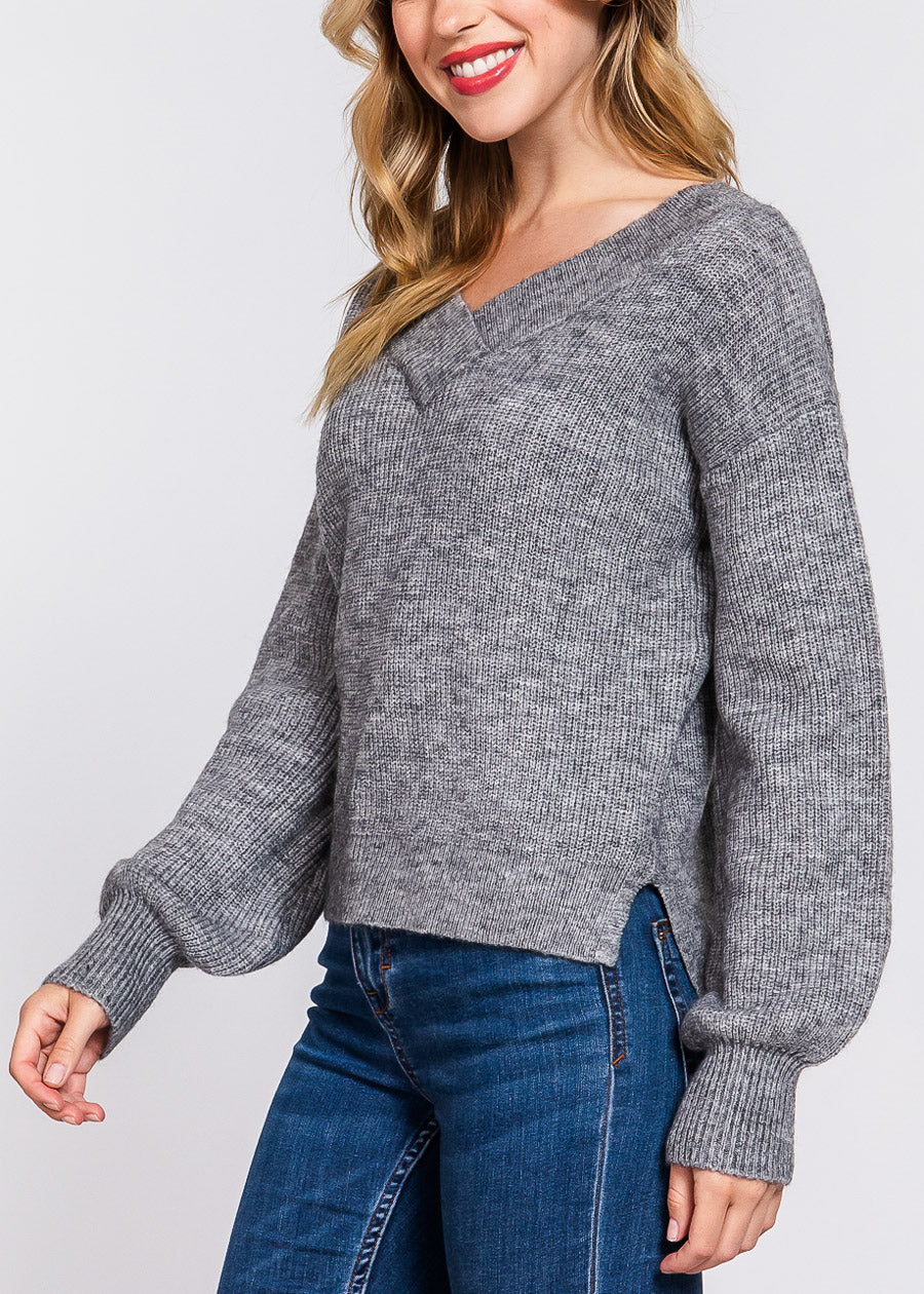 Long Sleeve Vneck Knitted Sweater Heather Grey