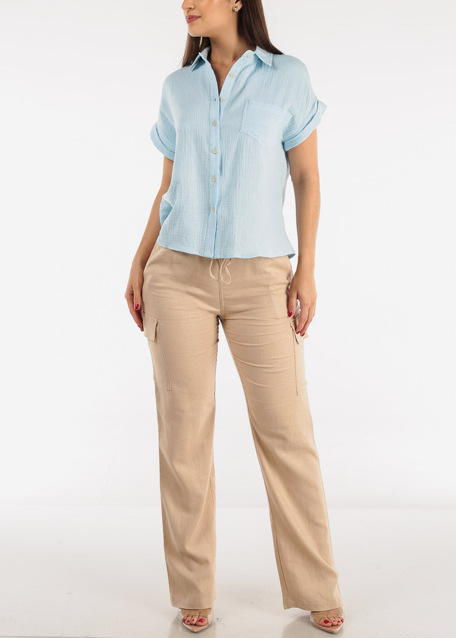 Khaki High Waist Straight Leg Linen Cargo Pants