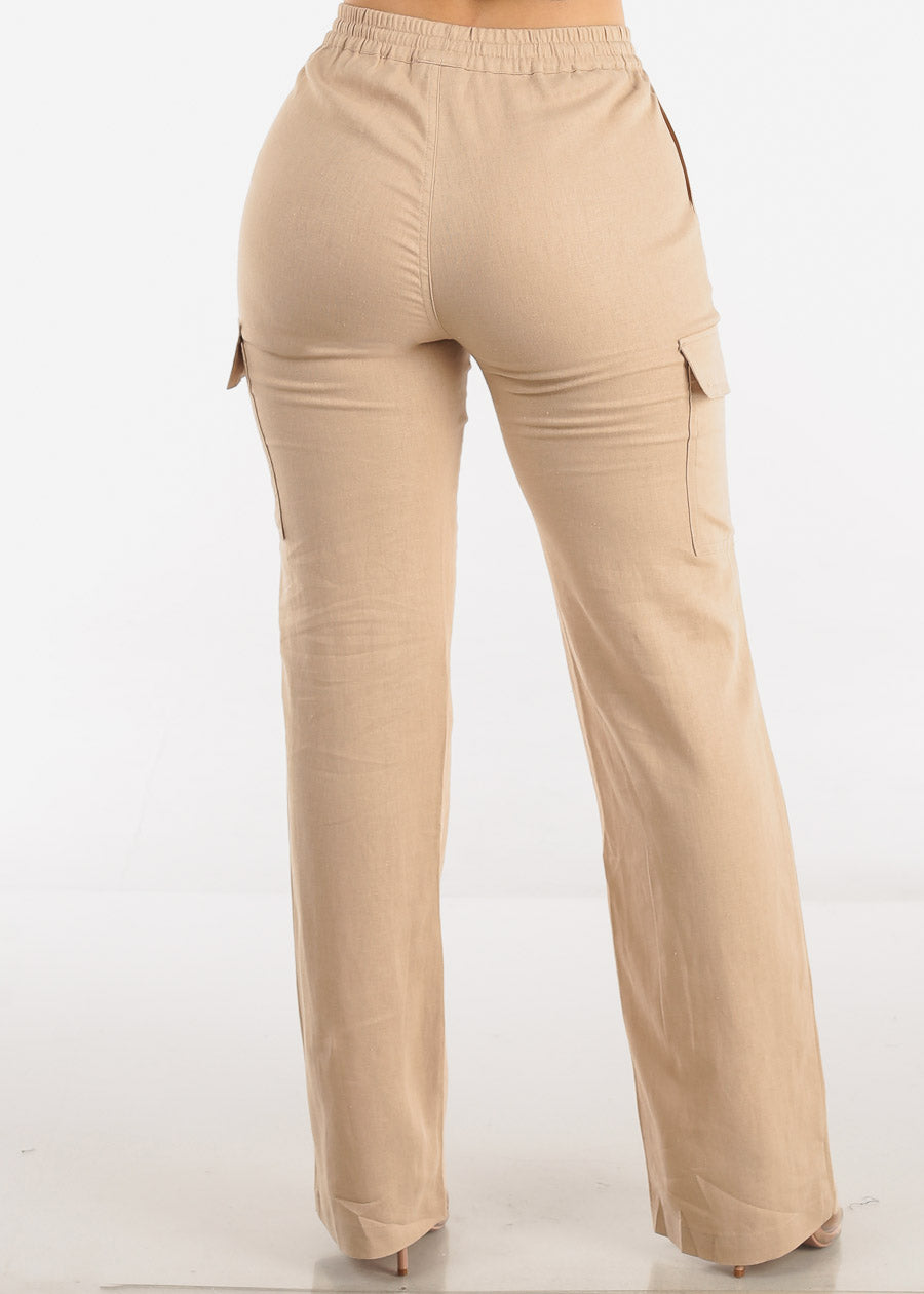 Khaki High Waist Straight Leg Linen Cargo Pants