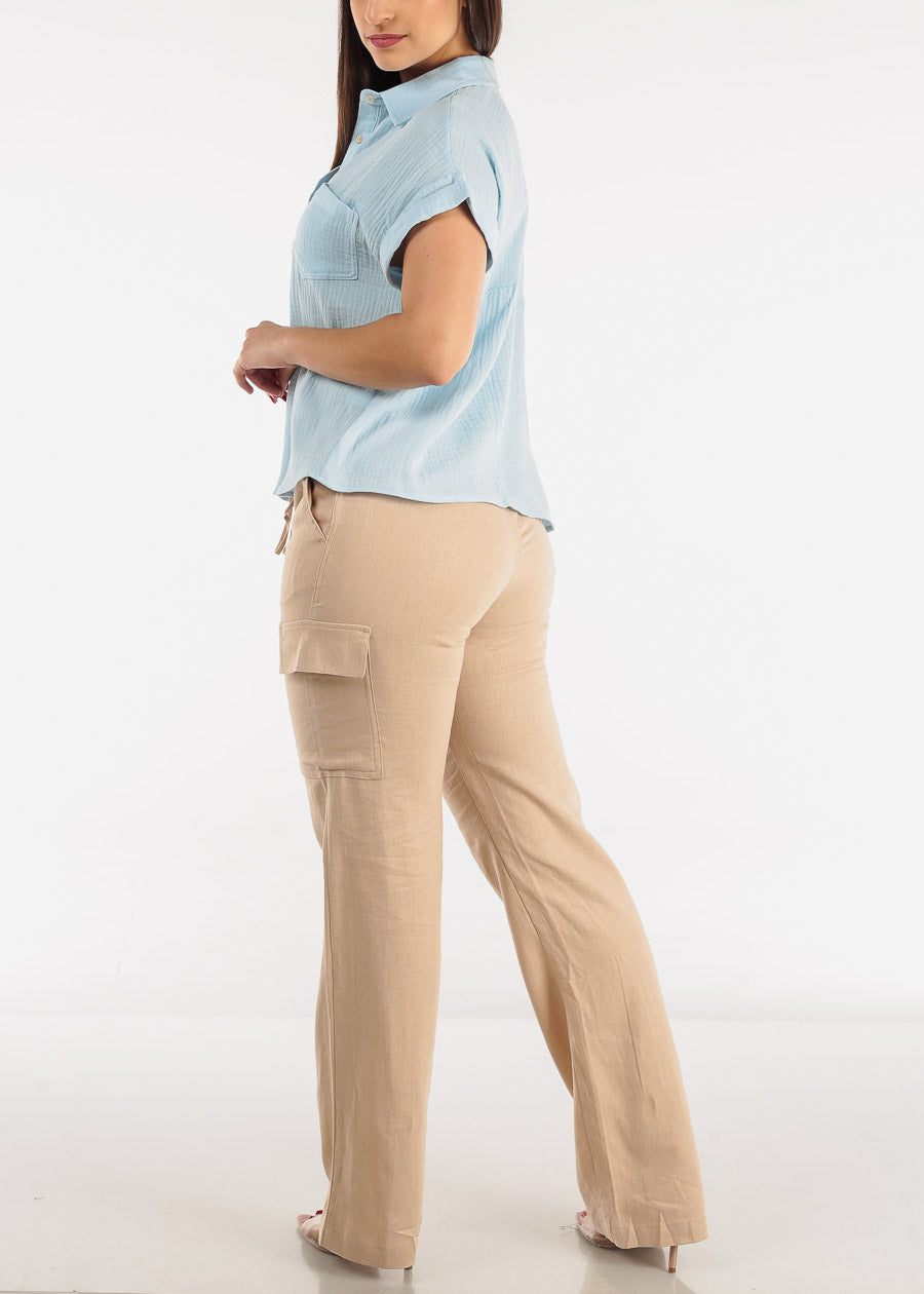 Khaki High Waist Straight Leg Linen Cargo Pants