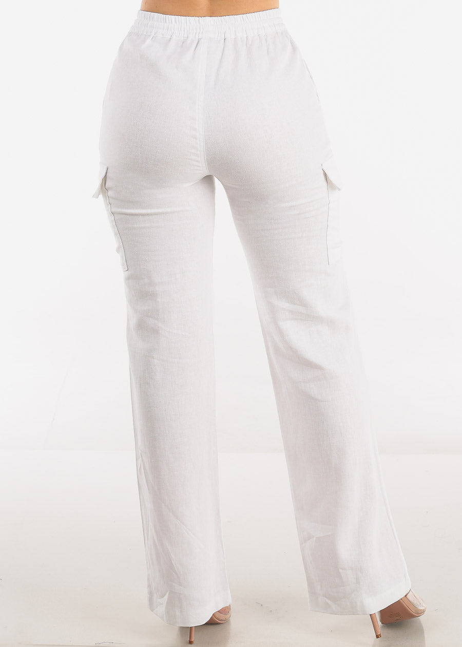 White High Waist Straight Leg Linen Cargo Pants