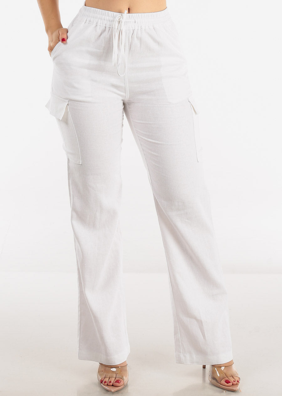 White High Waist Straight Leg Linen Cargo Pants