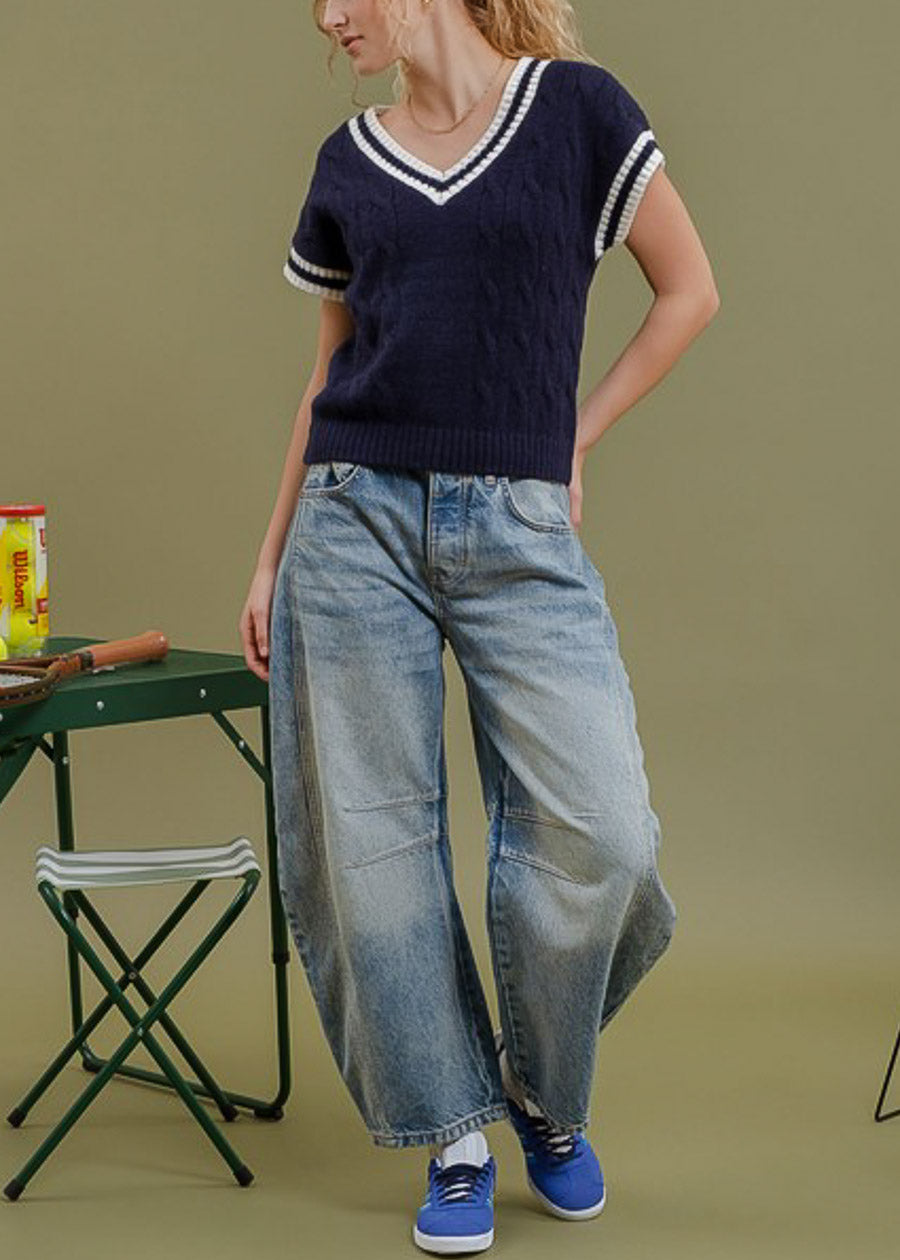 Short Sleeve Vneck Cable Knit Sweater Navy