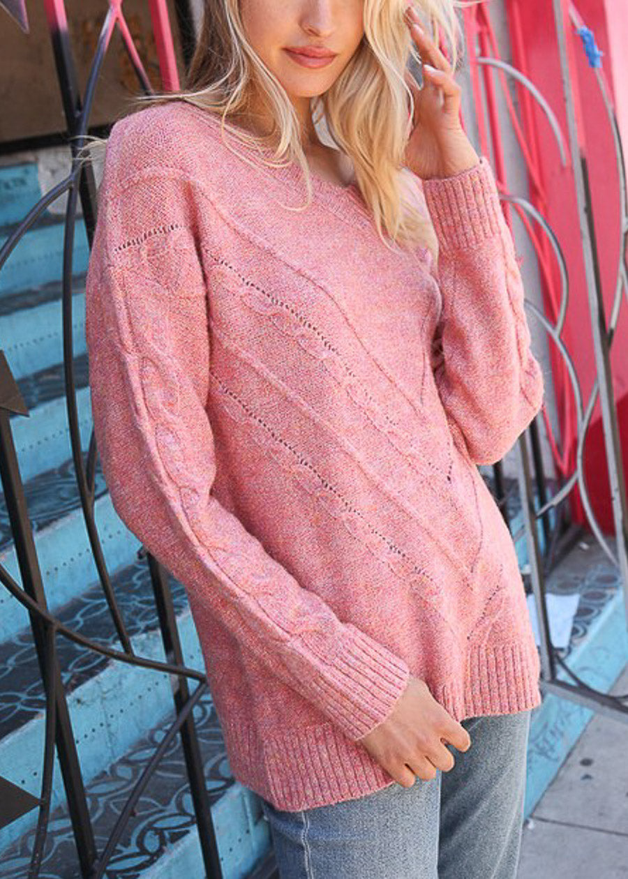 Vneck Long Sleeve Knitted Sweater Rose
