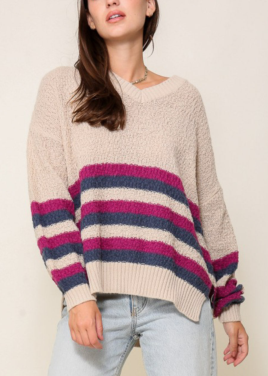 Long Sleeve Stripe Vneck Knitted Sweater Beige