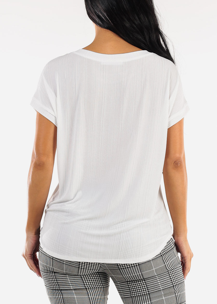 Short Sleeve Round Neckline Stretchy Blouse White