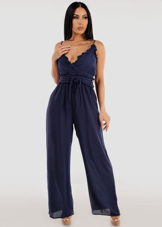 Sleeveless Ruffled Wide Legged Jumpsuit Navy