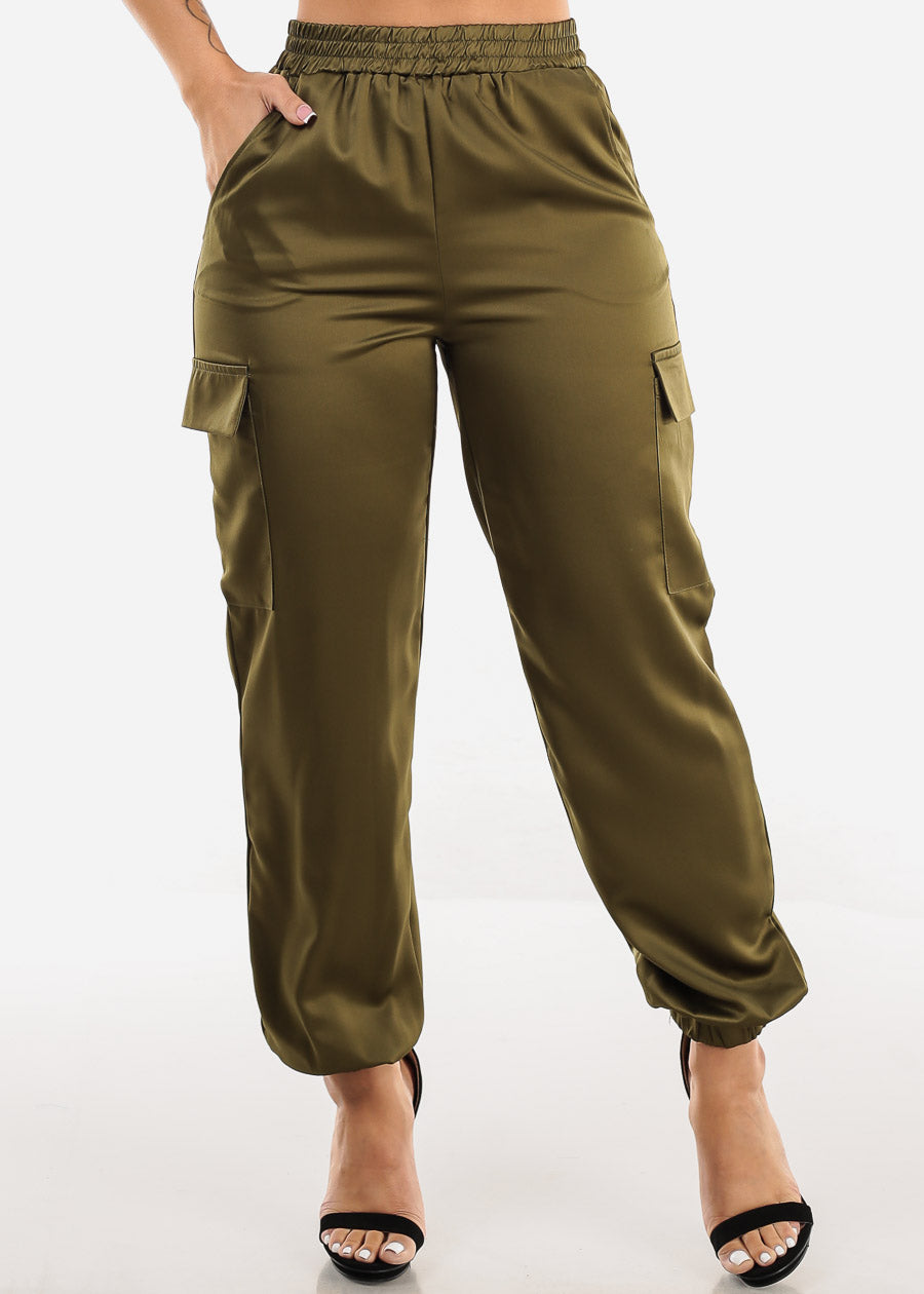 Super High Waisted Satin Cargo Jogger Pants Olive