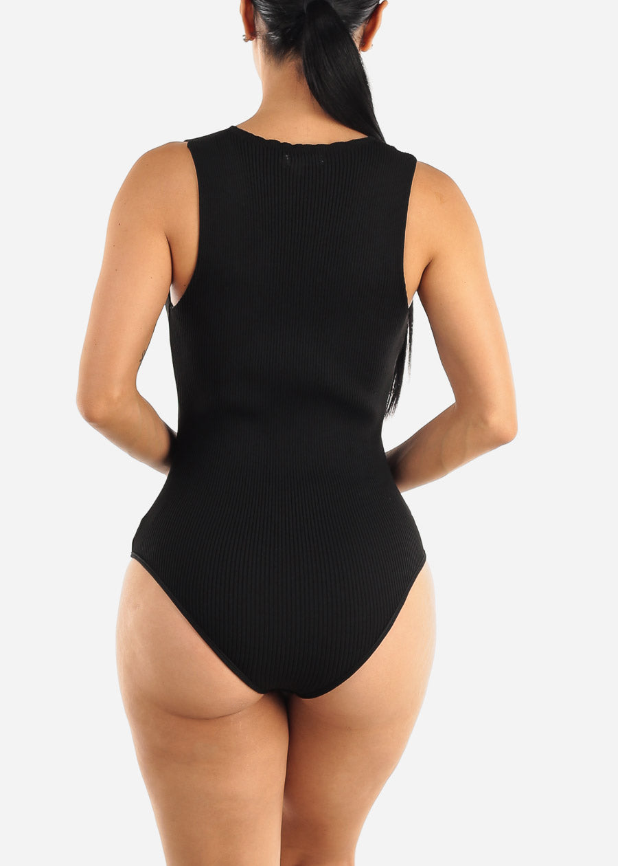 Square Neck Sleeveless Black Ribbed Bodysuit