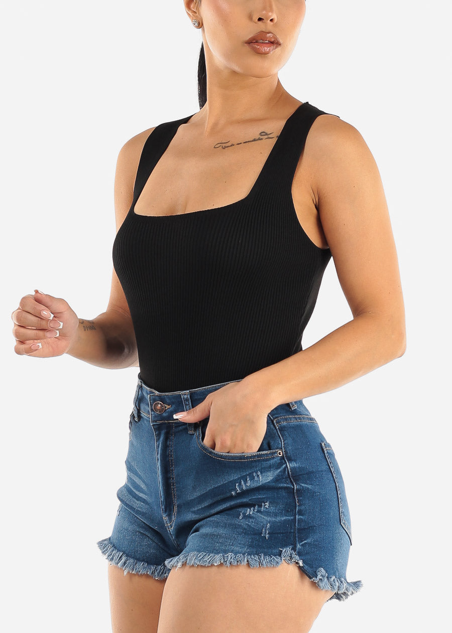 Square Neck Sleeveless Black Ribbed Bodysuit