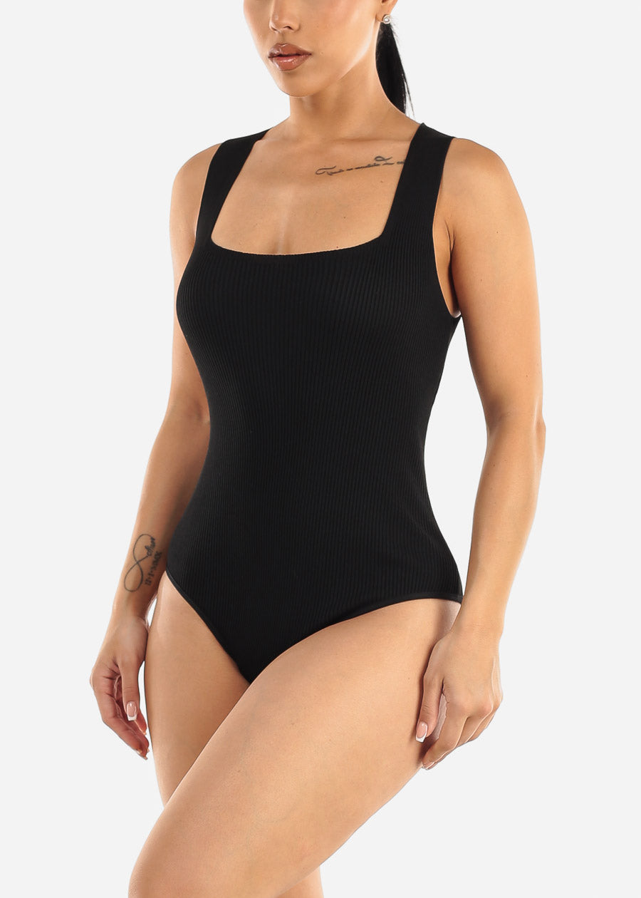 Square Neck Sleeveless Black Ribbed Bodysuit