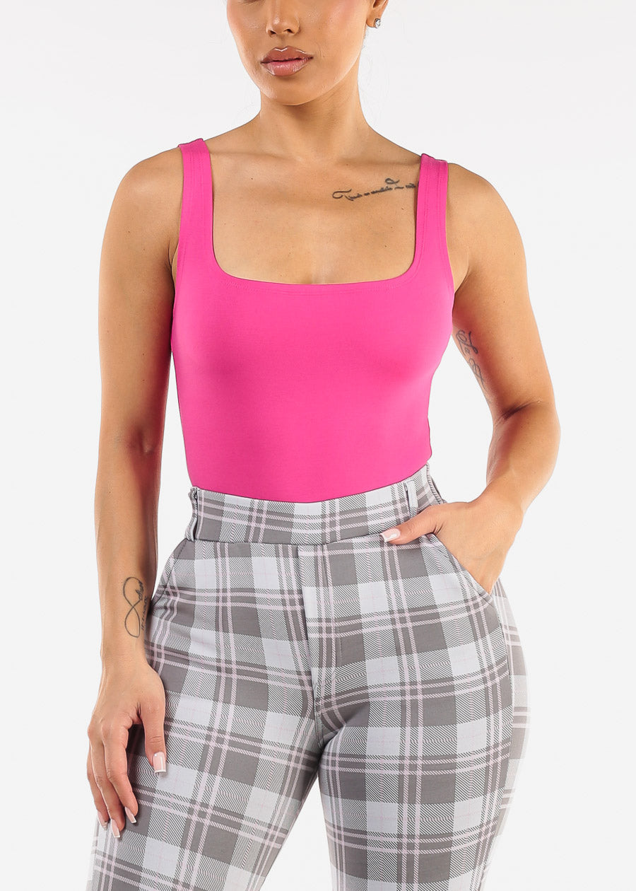 Sleeveless Square Neck Thong Bodysuit Fuschia