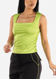 Sleeveless Square Neck Ruched Top Lime