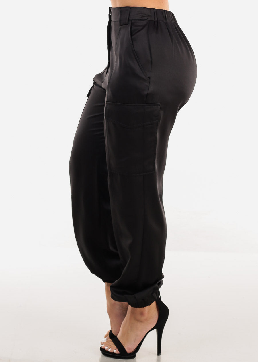 High Waist Black Satin Cargo Jogger Pants