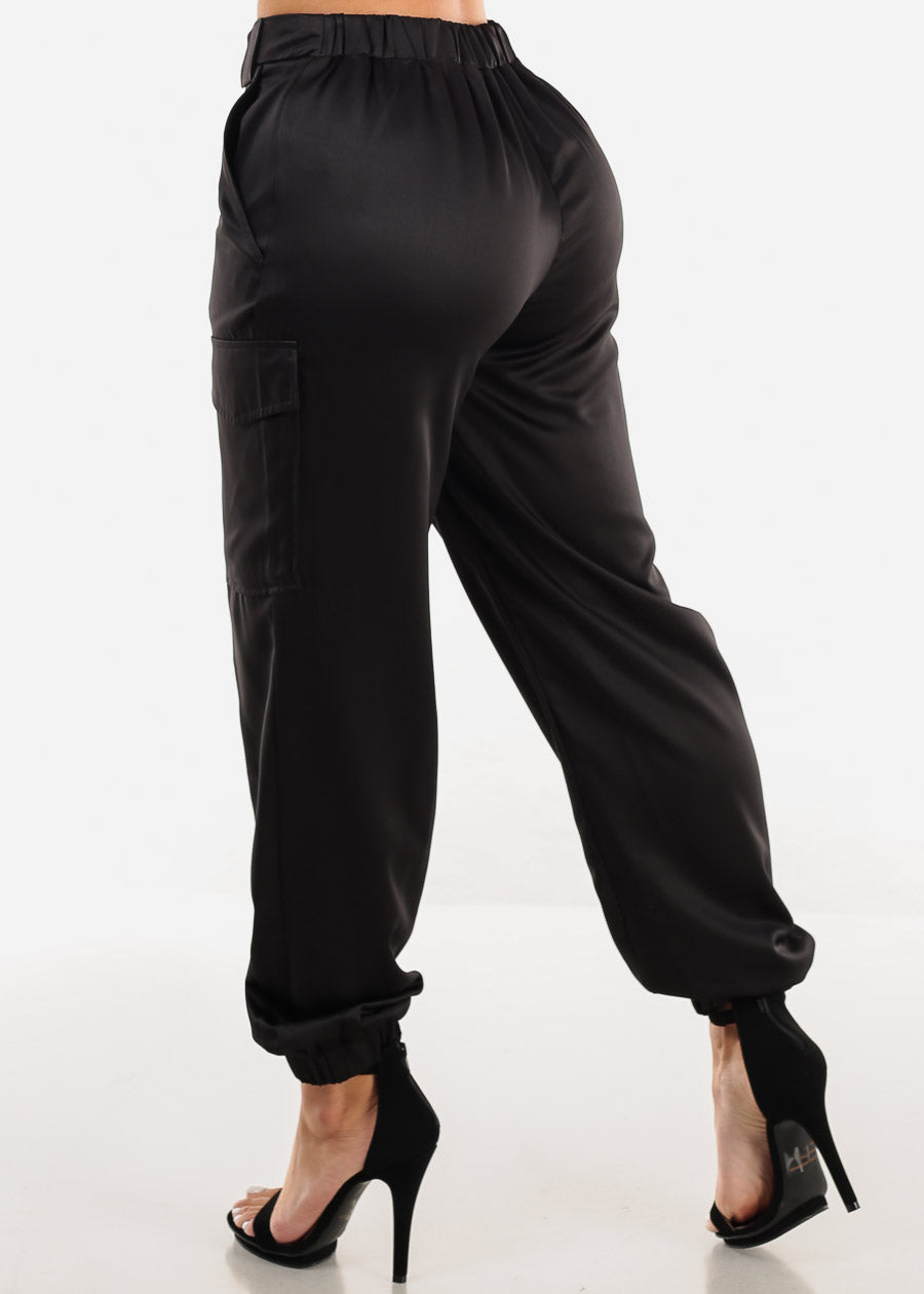 High Waist Black Satin Cargo Jogger Pants