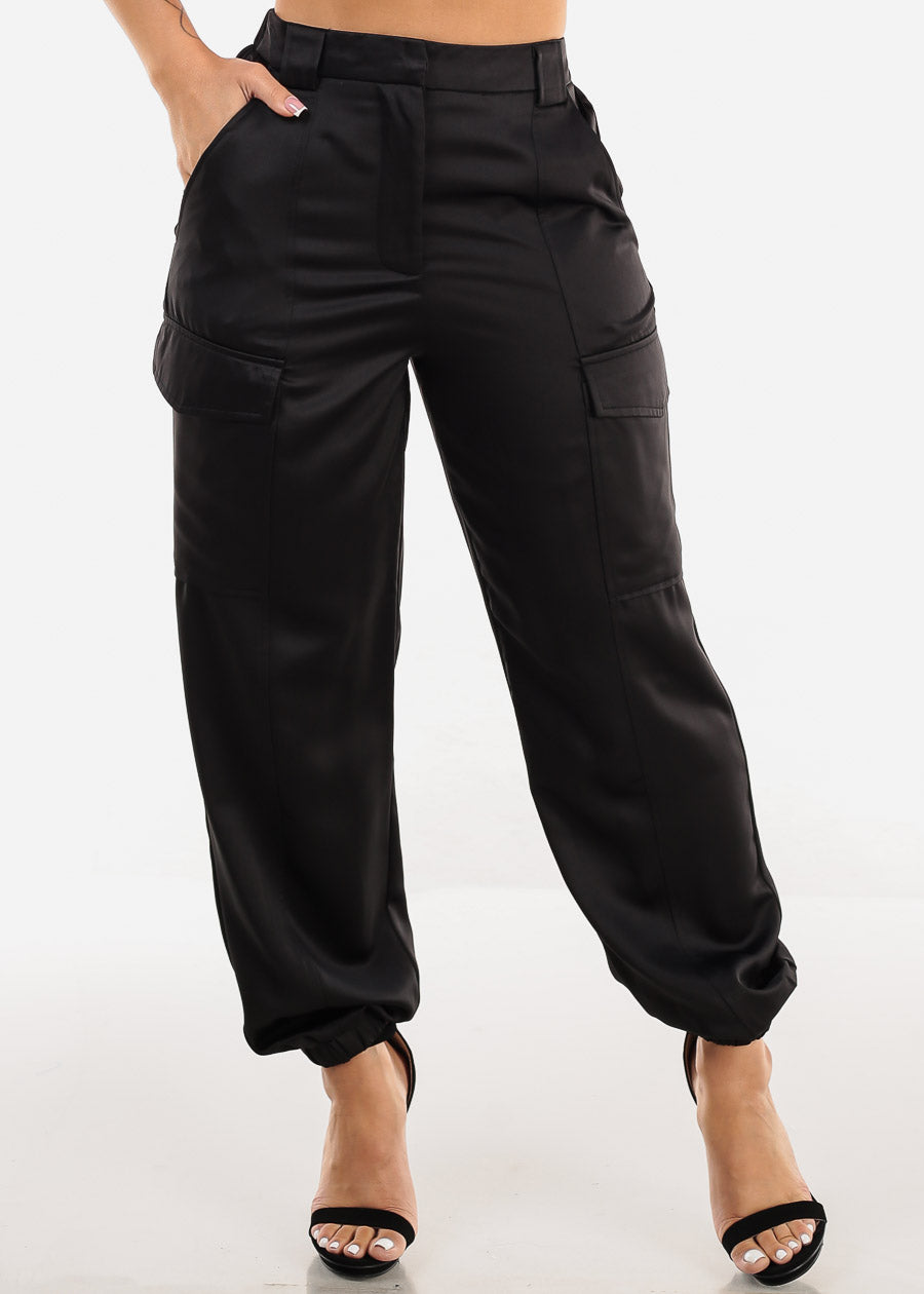 High Waist Black Satin Cargo Jogger Pants