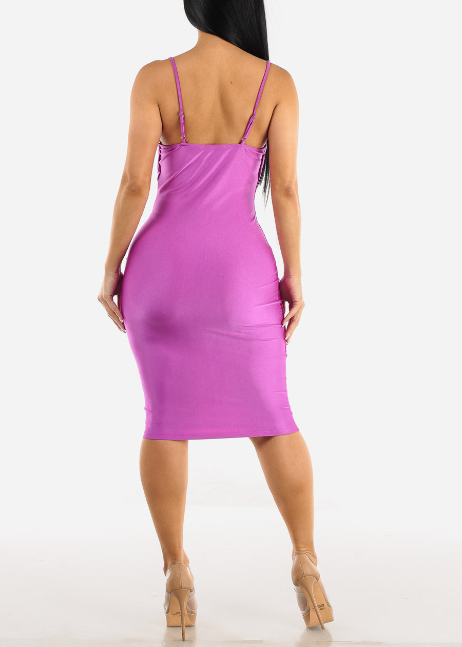 Cowl Neck Satin Bodycon Dress Purple