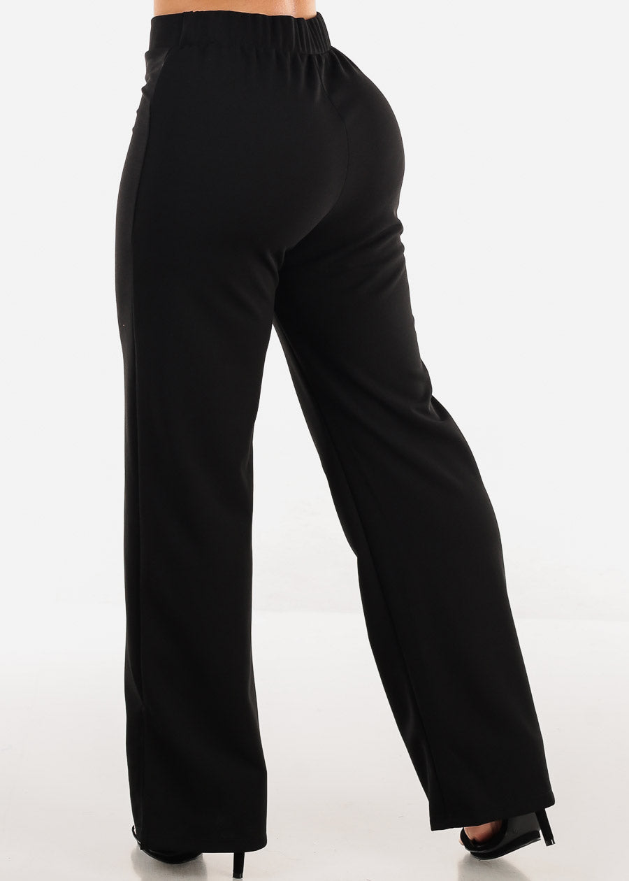 Super High Waist Black Wide Leg Slit Dress Pants