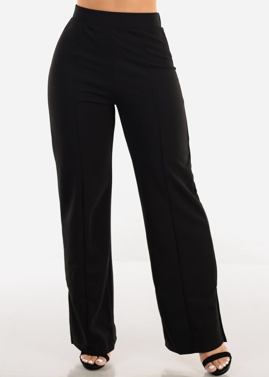 Super High Waist Black Wide Leg Slit Dress Pants