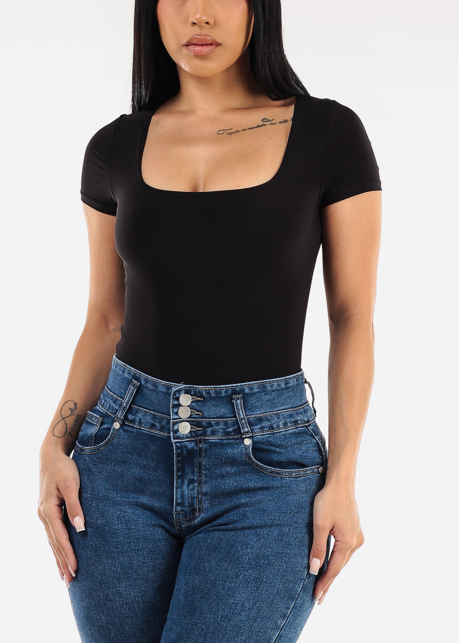 Black Short Sleeve Square Neck Stretch Thong Bodysuit