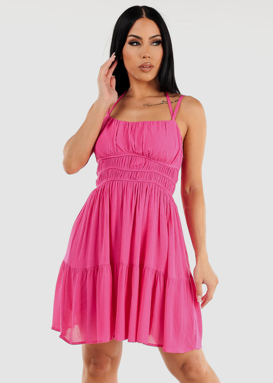 Halter Neck Sleeveless Flowy Mini Dress Fuchsia