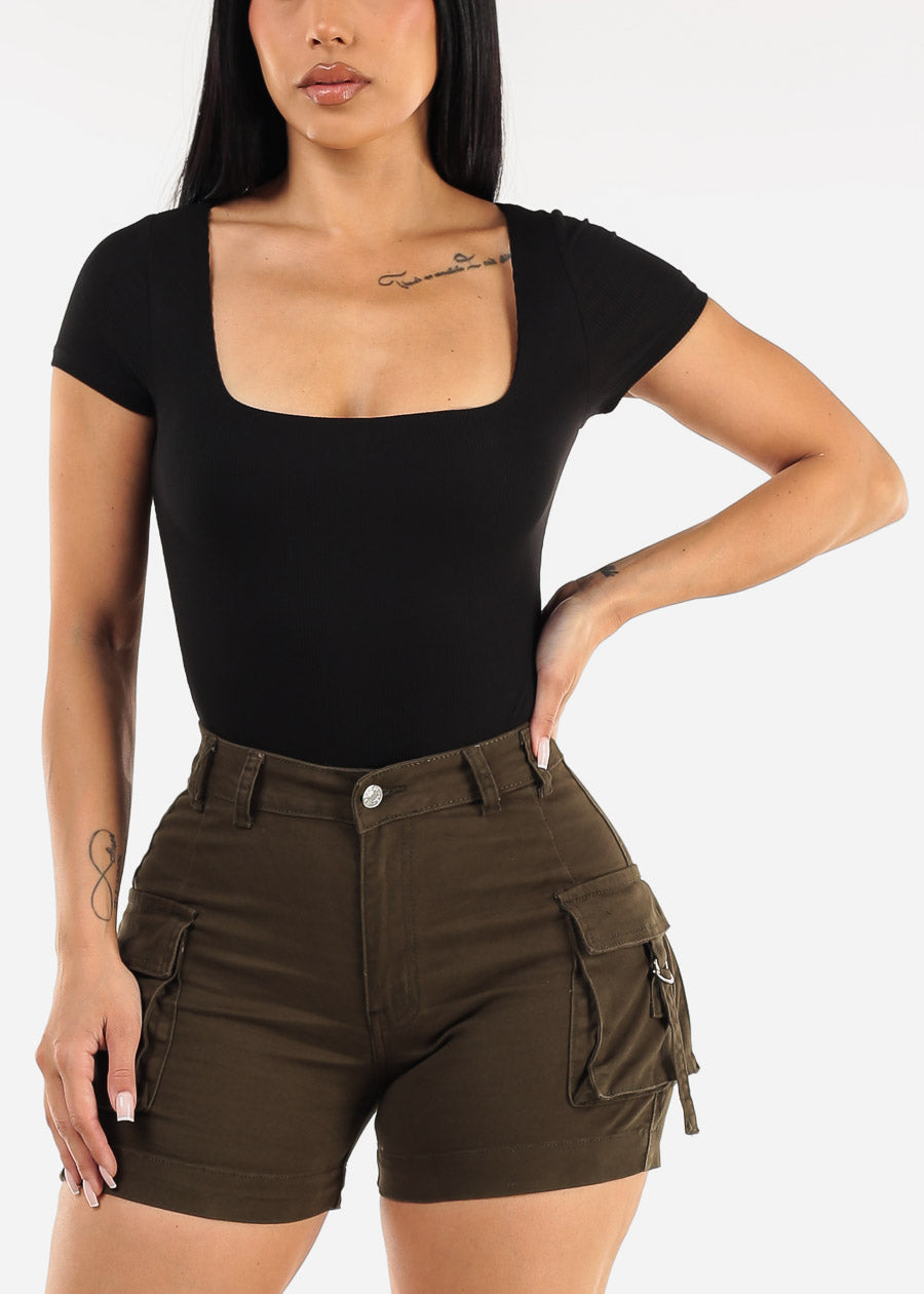 Black Square Neck Ribbed Thong Bodysuit