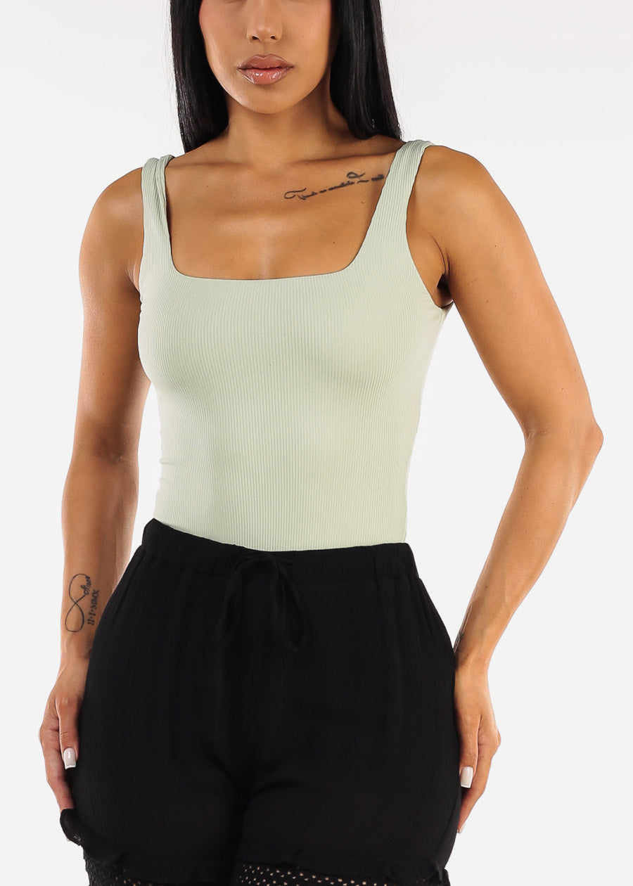 Wide Square Neck Ribbed Thong Bodysuit Light Sage