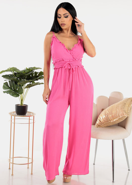 Sleeveless Ruffled Wide Legged Jumpsuit Fuchsia