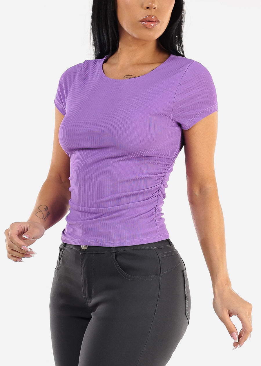 Short Sleeve Crewneck Ruched Top Purple