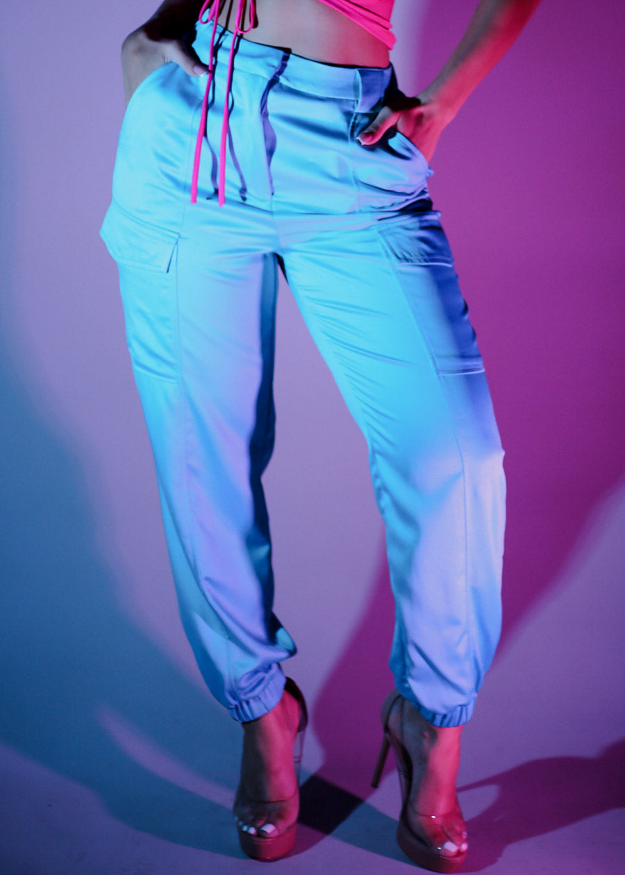 High Waist Satin Cargo Jogger Pants Aqua