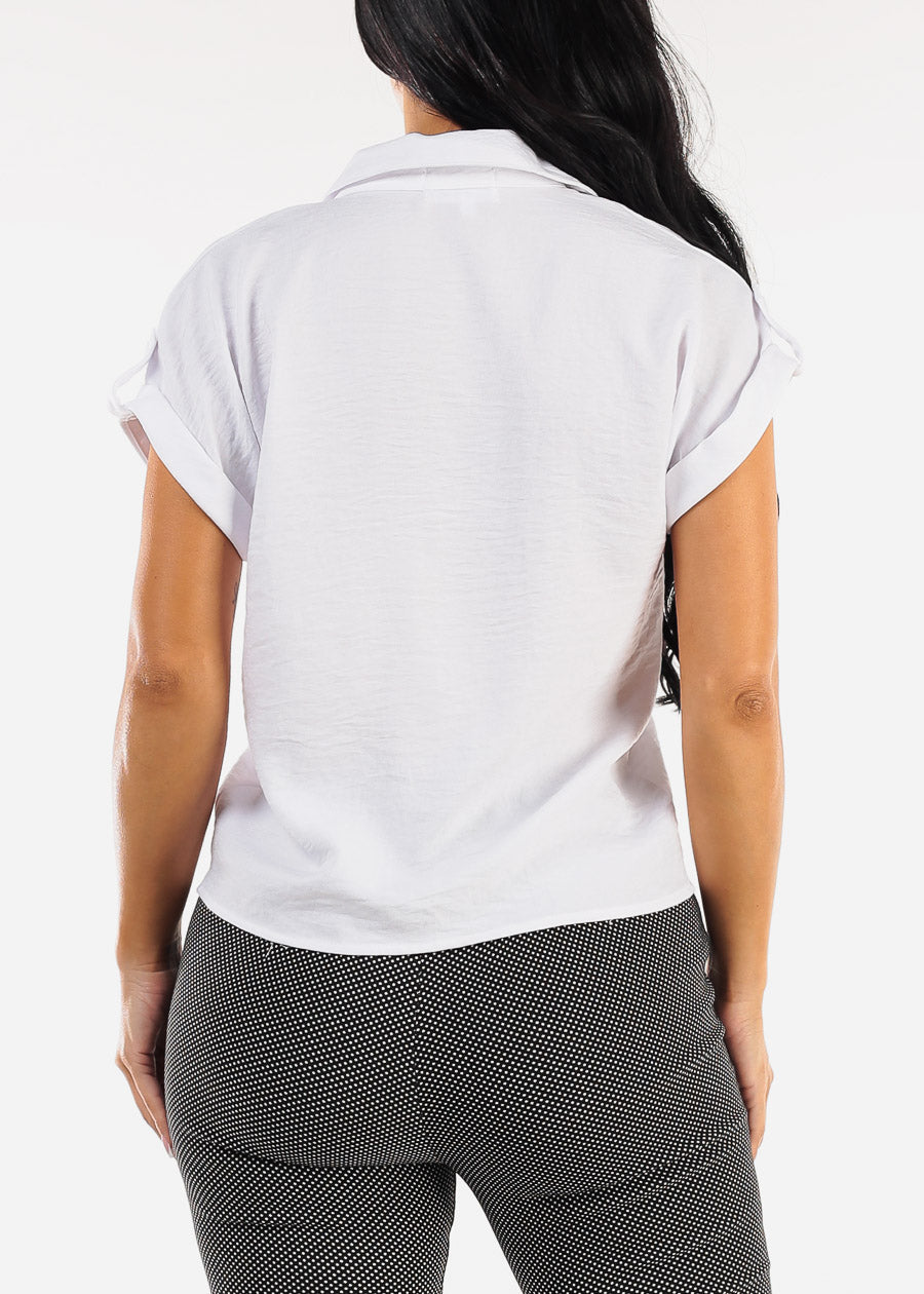 Short Sleeve Button Up Collared Blouse White