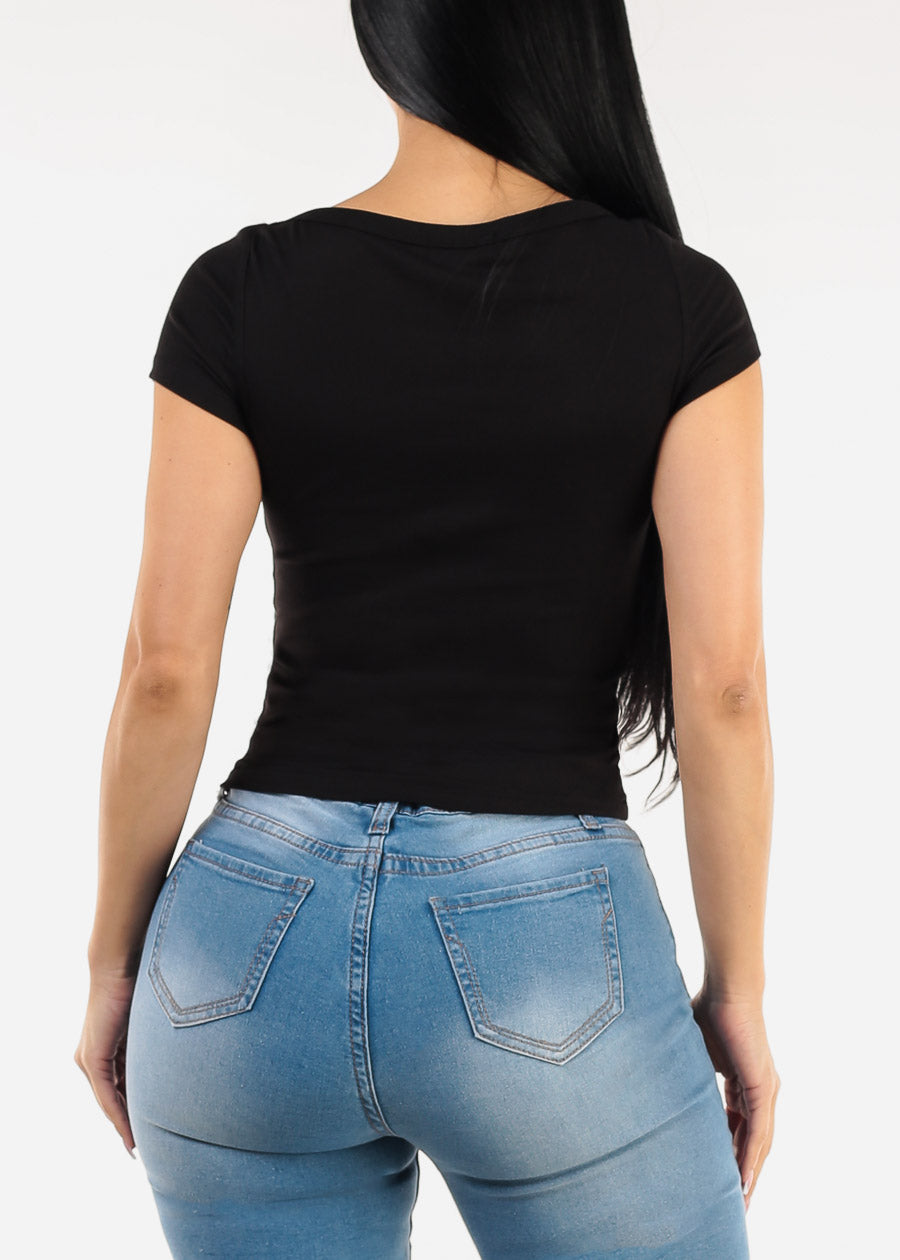 Short Sleeve Boat Neckline Stretch Top Black
