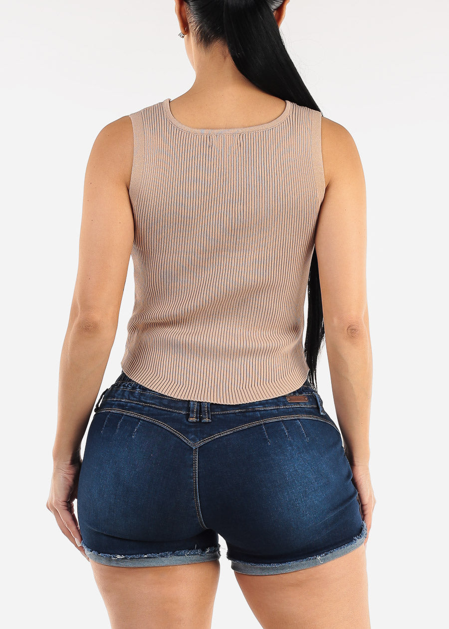 Sleeveless Scoop Neck Rib Knit Top Beige