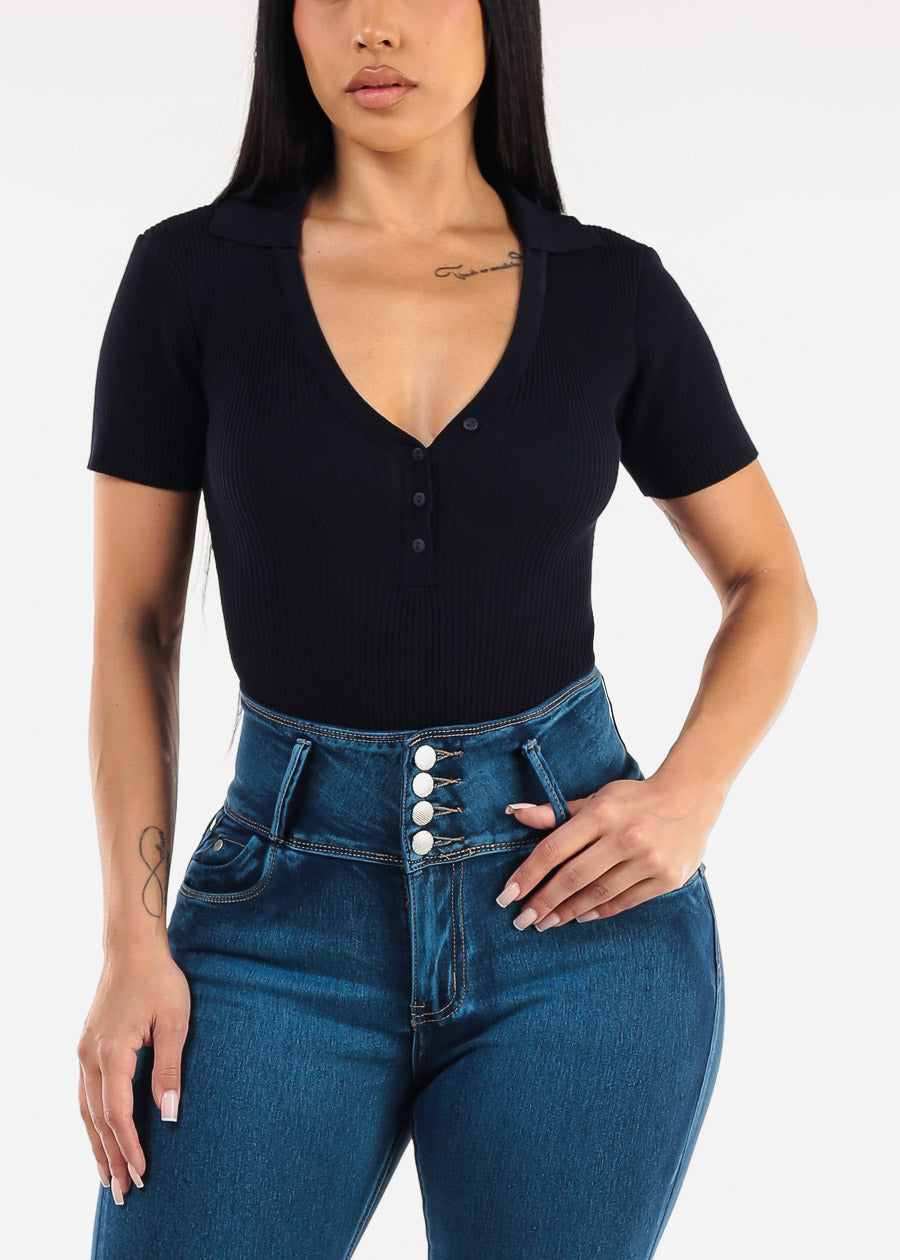 Short Sleeve Rib Knit Polo Bodysuit Navy