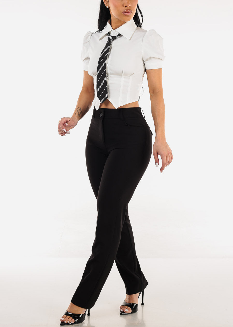 Puff Short Sleeve Button Down White Shirt w Tie