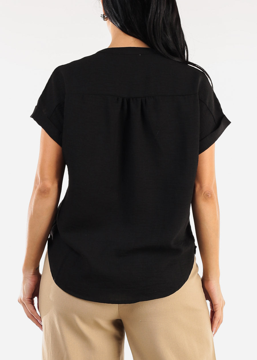 Short Sleeve Button Up Linen Blouse Black
