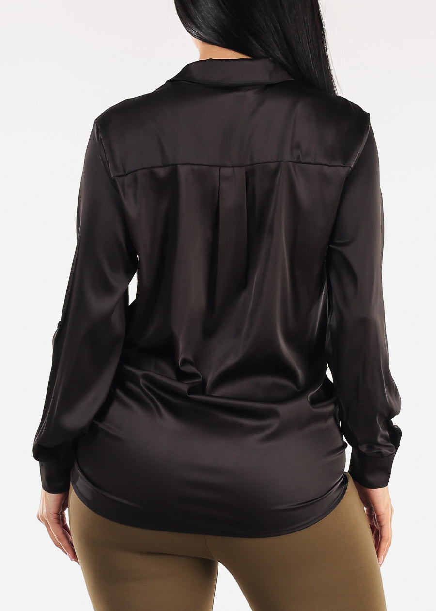 Stretch Satin Deep V-Neck Collared Blouse Black