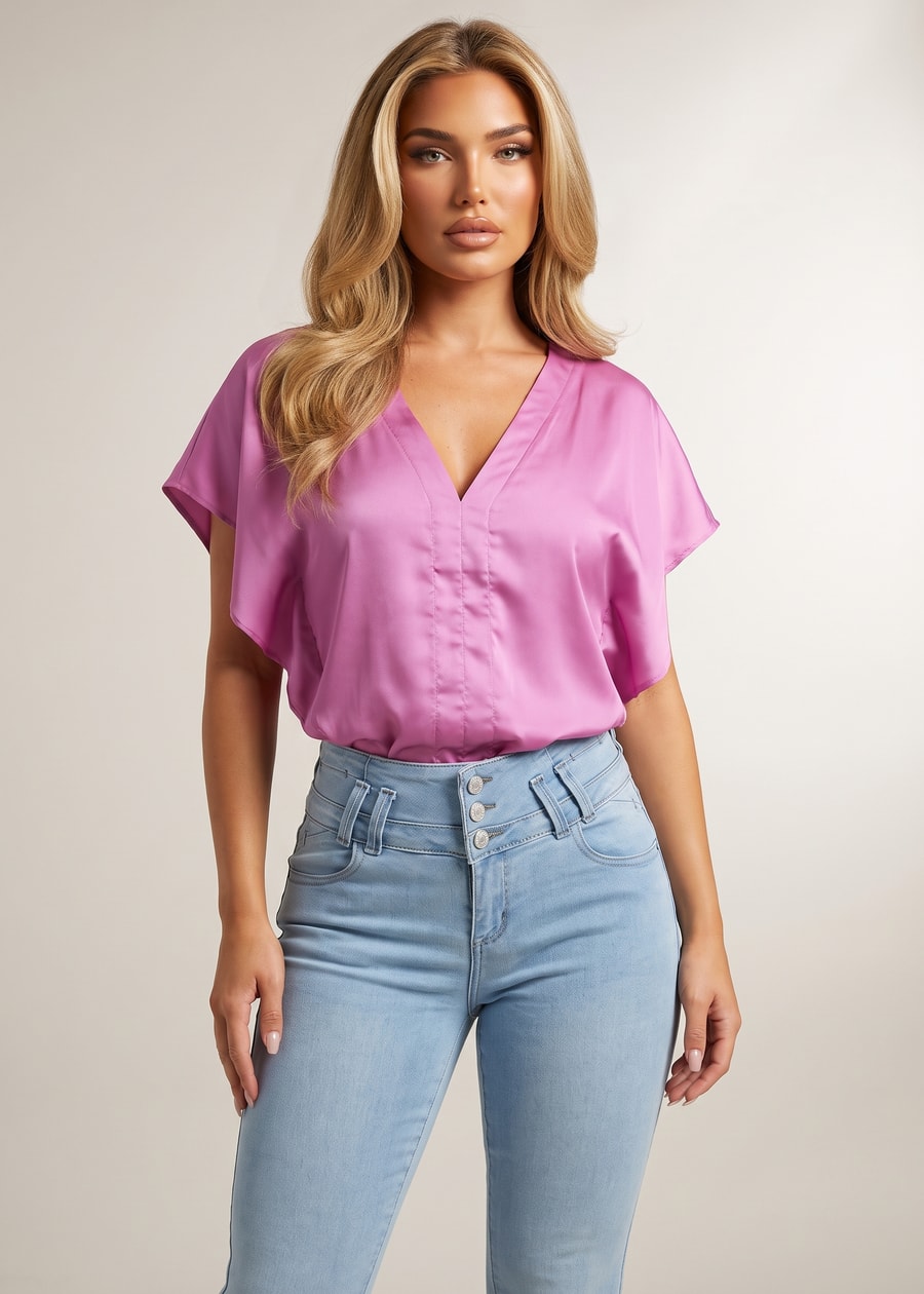 Satin Vneck Short Sleeve Stretch Blouse Pink